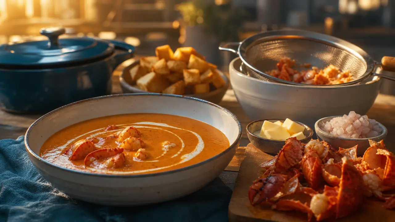 Recettes bisque de homard maison : velouté lisse orangé, homard et crème