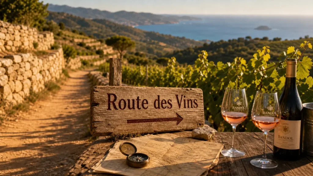 Route des vins Var : panneau Route des Vins, vignobles en restanques