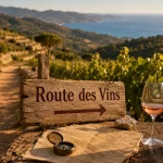 Route des vins Var : panneau Route des Vins, vignobles en restanques