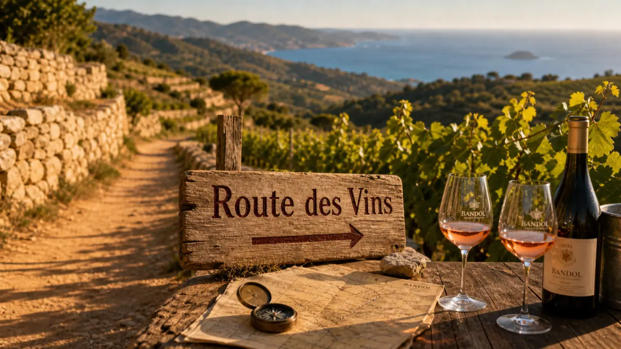 Route des vins Var : panneau Route des Vins, vignobles en restanques