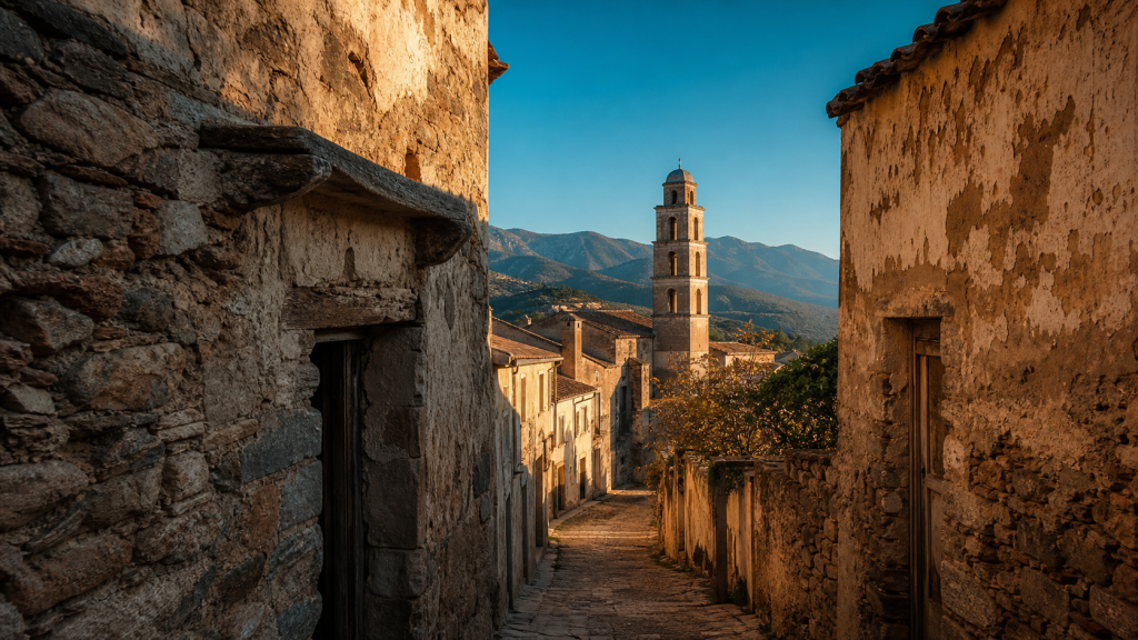 Sorio Corse, sentier vers l’église Saint-Philippe Neri, ruelles et pierres