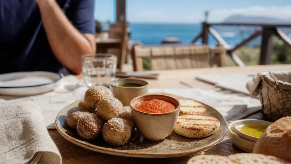 Specialite tenerife : papas arrugadas au mojo rouge, guachinche en arrière-plan