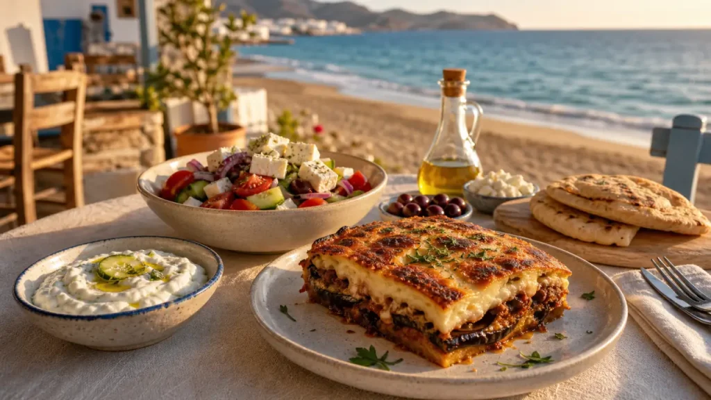 Spécialités grecques : assiette de moussaka en Grèce, taverne à la golden hour