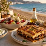 Spécialités grecques : assiette de moussaka en Grèce, taverne à la golden hour