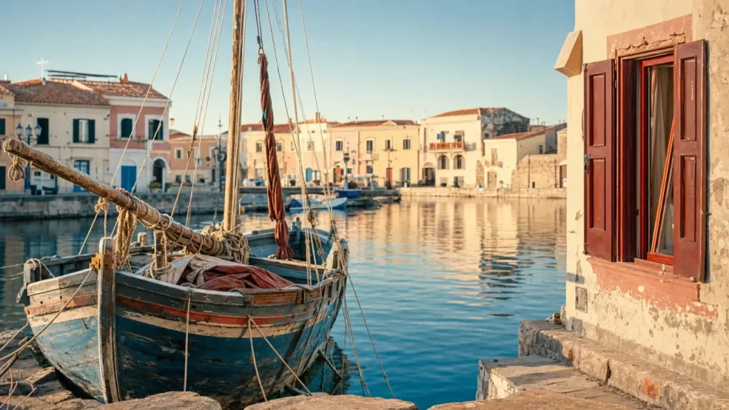 stintino sardaigne : vieille barque au port, eaux turquoise et maisons pastel