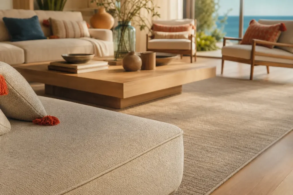 Tapis dans salon beige : table basse sur grand tapis
