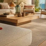 Tapis dans salon beige : table basse sur grand tapis