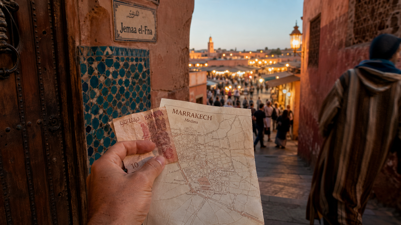 Touristes Marrakech dans une ruelle vers Jemaa el-Fna