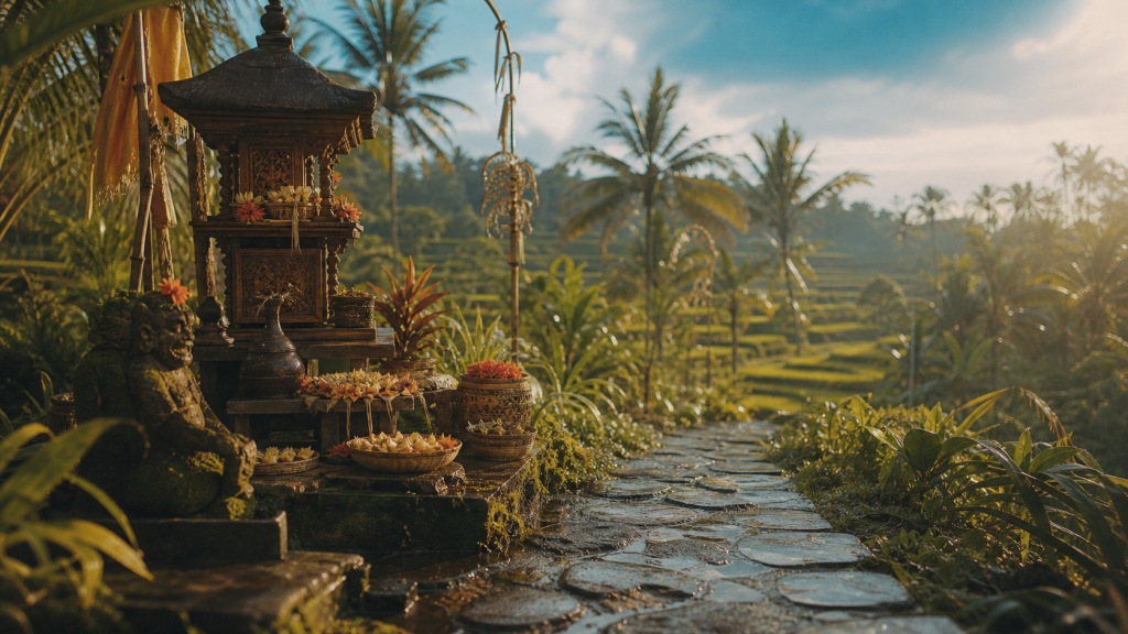 Ubud city bali : rizières en terrasses Tegalalang, chemin de pierre