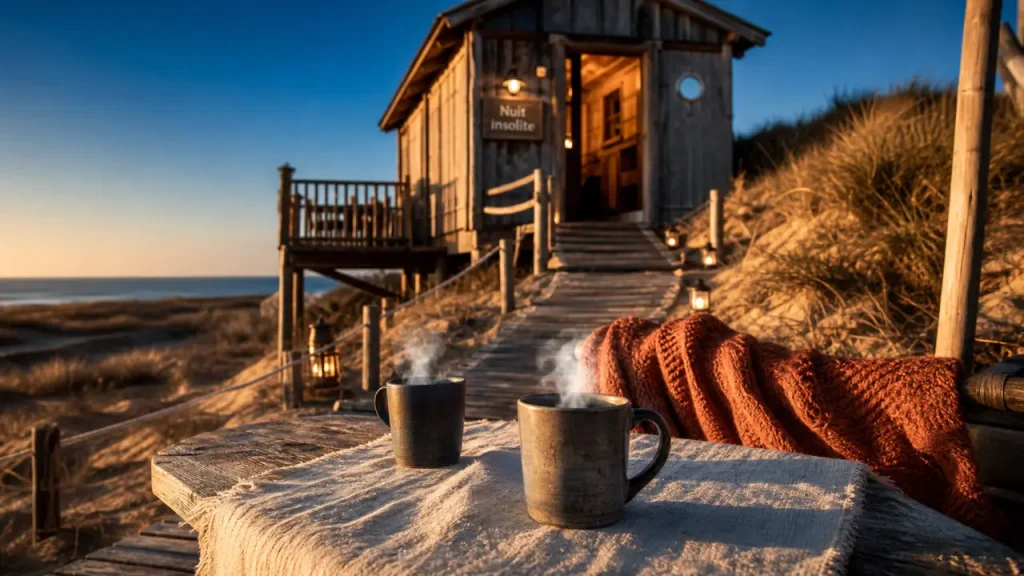 Vacances insolites France : cabane sur dune, table et tasses fumantes