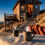 Vacances insolites France : cabane sur dune, table et tasses fumantes
