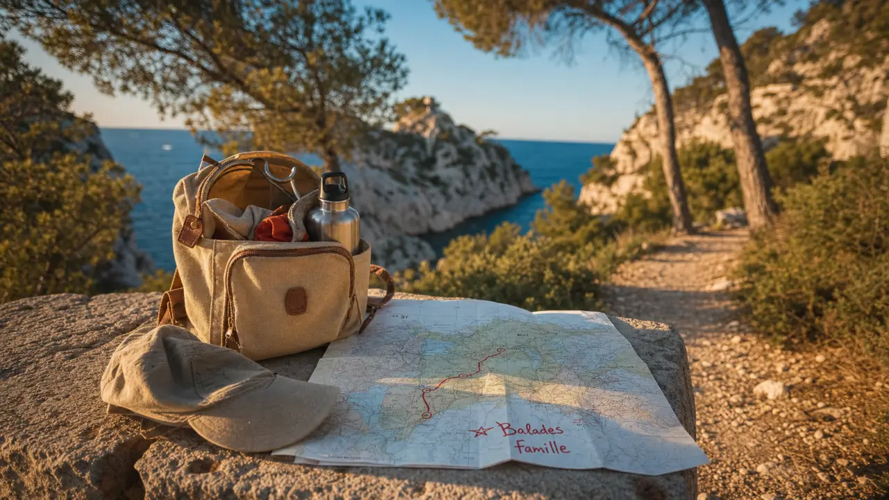 52 balades en famille autour de marseille : carte et sac pour une balade vers une calanque au coucher du soleil