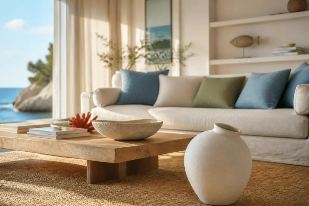 Ambiance bord de mer chic : salon lumineux avec tapis en jonc de mer et matières naturelles