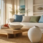 Ambiance bord de mer chic : salon lumineux avec tapis en jonc de mer et matières naturelles