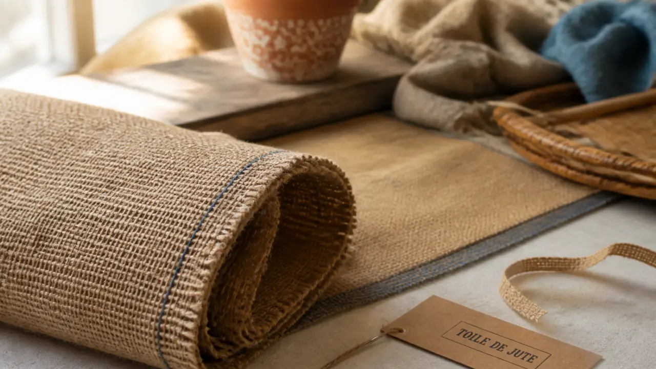 Déco toile de jute : rouleau et chemin de table en fibres visibles