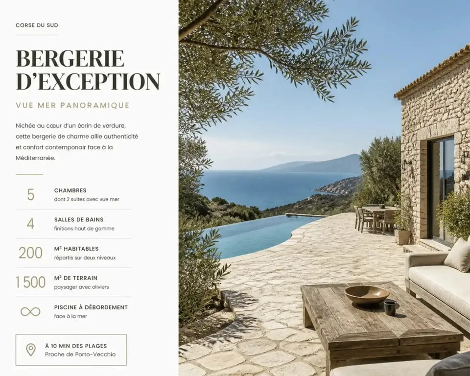 Terrasse et piscine d'une bergerie en Corse avec vue mer