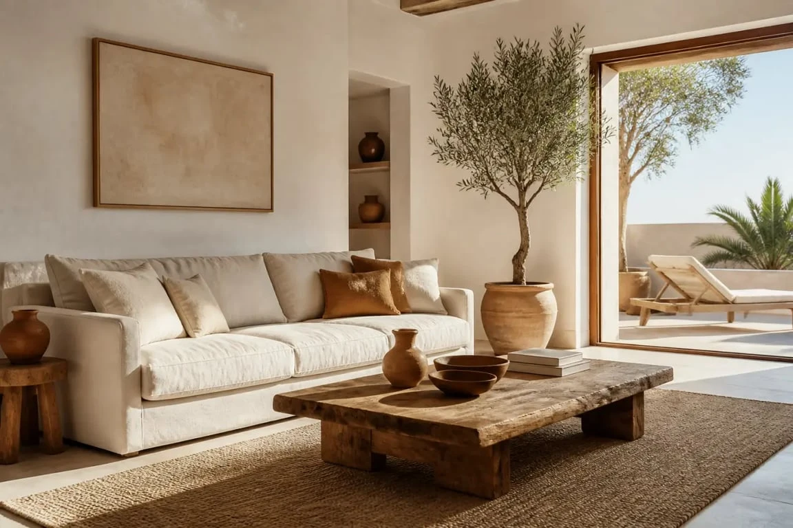 Décoration style méditerranéen dans un salon lumineux avec lin, bois brut et terre cuite