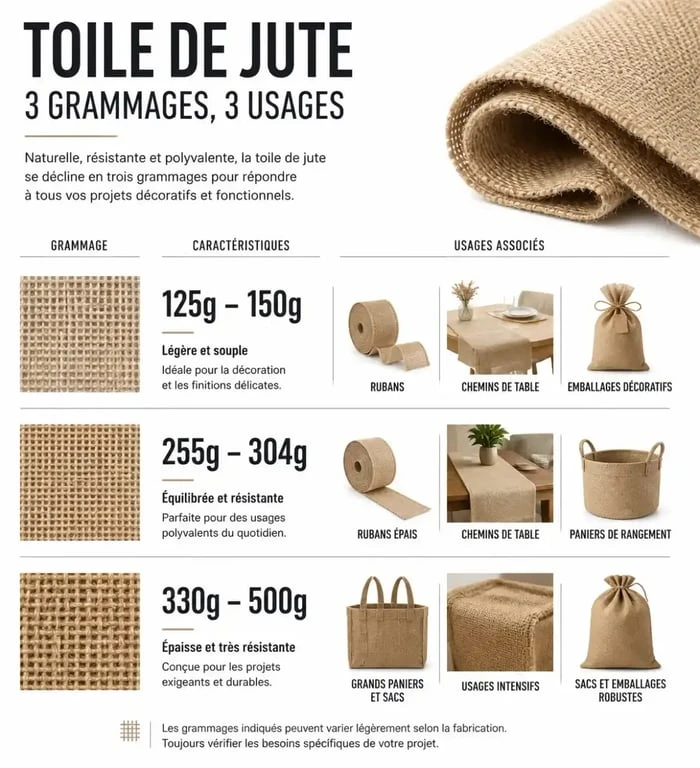 Infographie des usages de la toile de jute selon le grammage pour la décoration