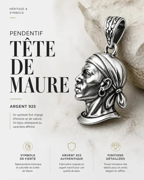 Pendentif tête de Maure en argent, bijou corse pour femme authentique.
