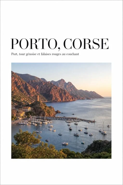 Que faire à Porto Corse : vue panoramique du port, de la tour génoise et du golfe au coucher du soleil