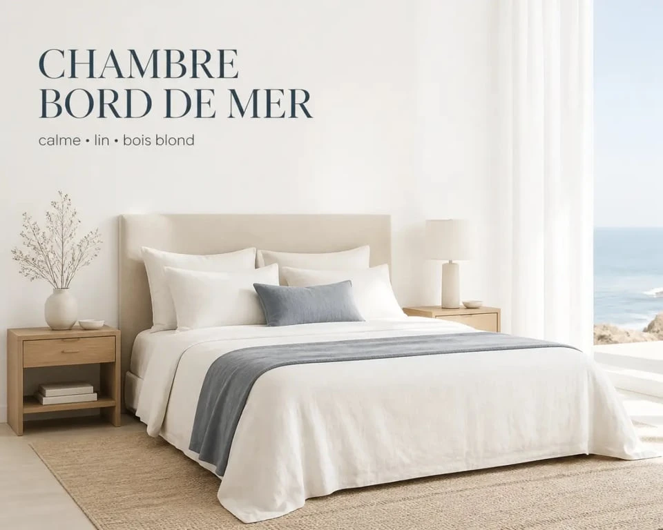 Ambiance bord de mer chic dans une chambre avec lin écru, bois blond et bleu grisé