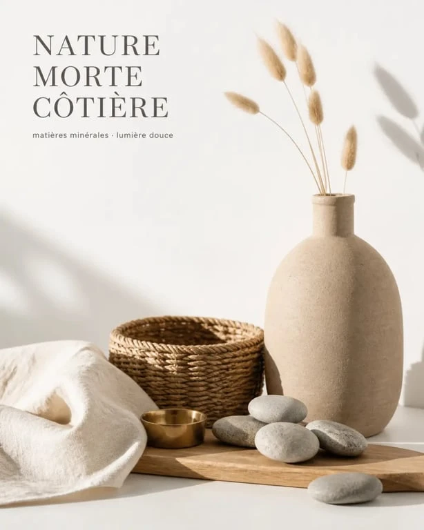 Ambiance bord de mer chic avec céramique mate, jonc de mer, bois clair et laiton discret