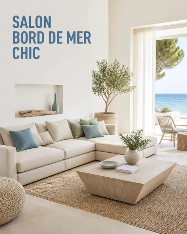 Ambiance bord de mer chic dans un salon lumineux avec lin, bois clair et touches de bleu lavé