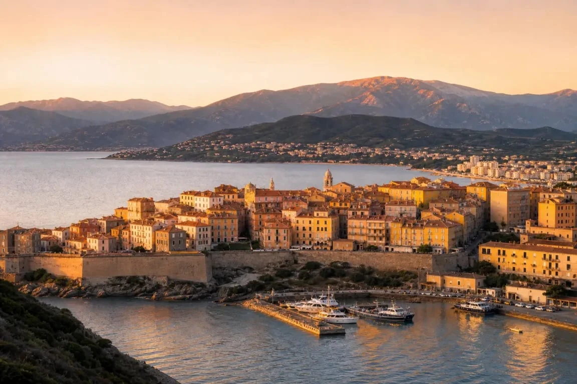 Que faire Ajaccio : vue du golfe d’Ajaccio, vieille ville et vieux port au coucher du soleil