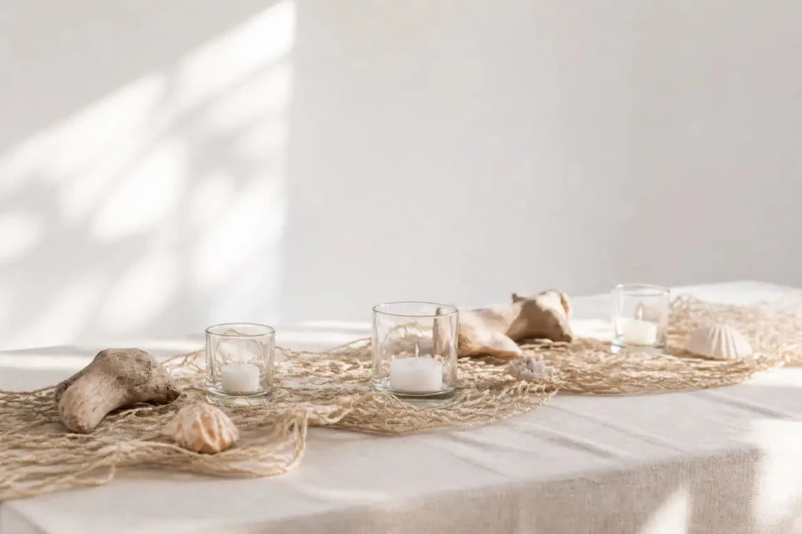 Filet peche deco posé sur une table marine avec photophores et coquillages