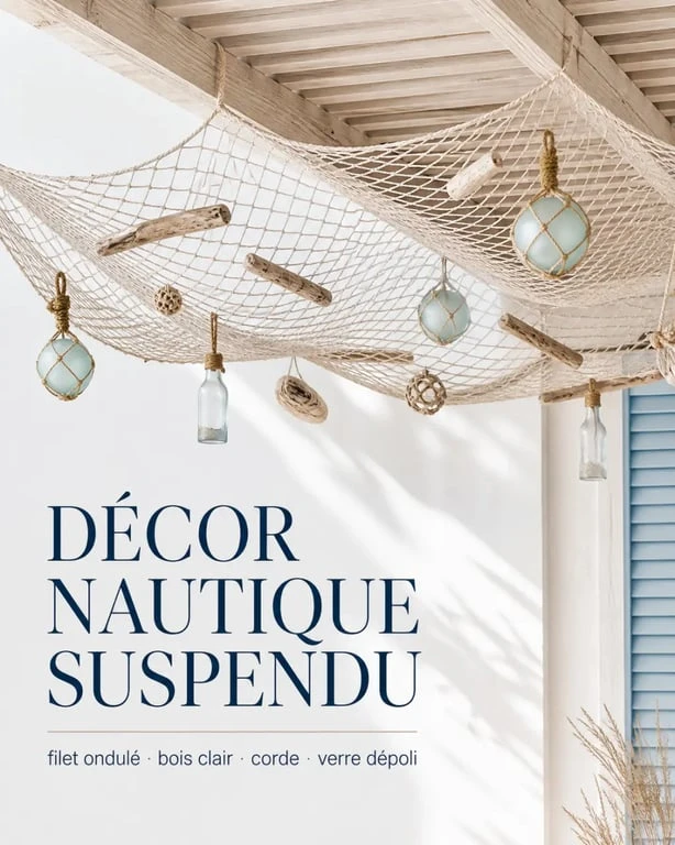 Filet peche deco en suspension dans une ambiance bord de mer élégante