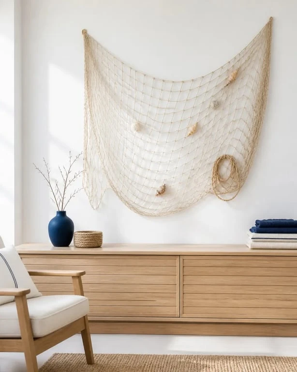 Filet peche deco installé sur un mur blanc avec bois clair et coquillages