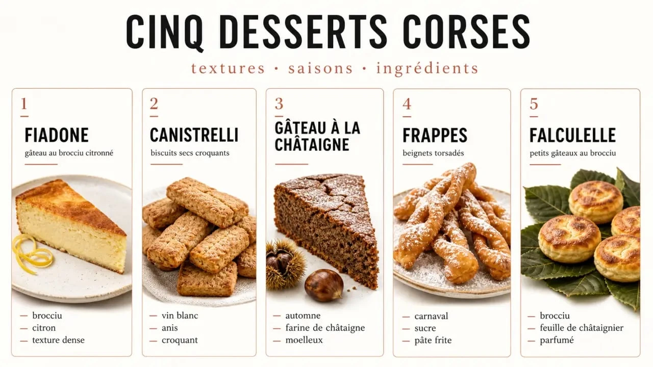 Dessert corse : comparaison visuelle du fiadone, des canistrelli, du gâteau à la châtaigne, des frappes et des falculelle