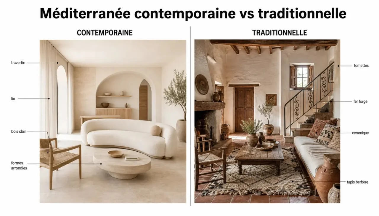 Décoration méditerranéenne contemporaine et traditionnelle comparée en diptyque