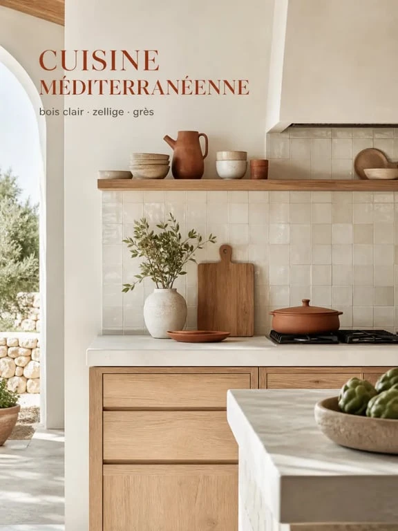 Décoration méditerranéenne dans une cuisine avec zellige et bois clair