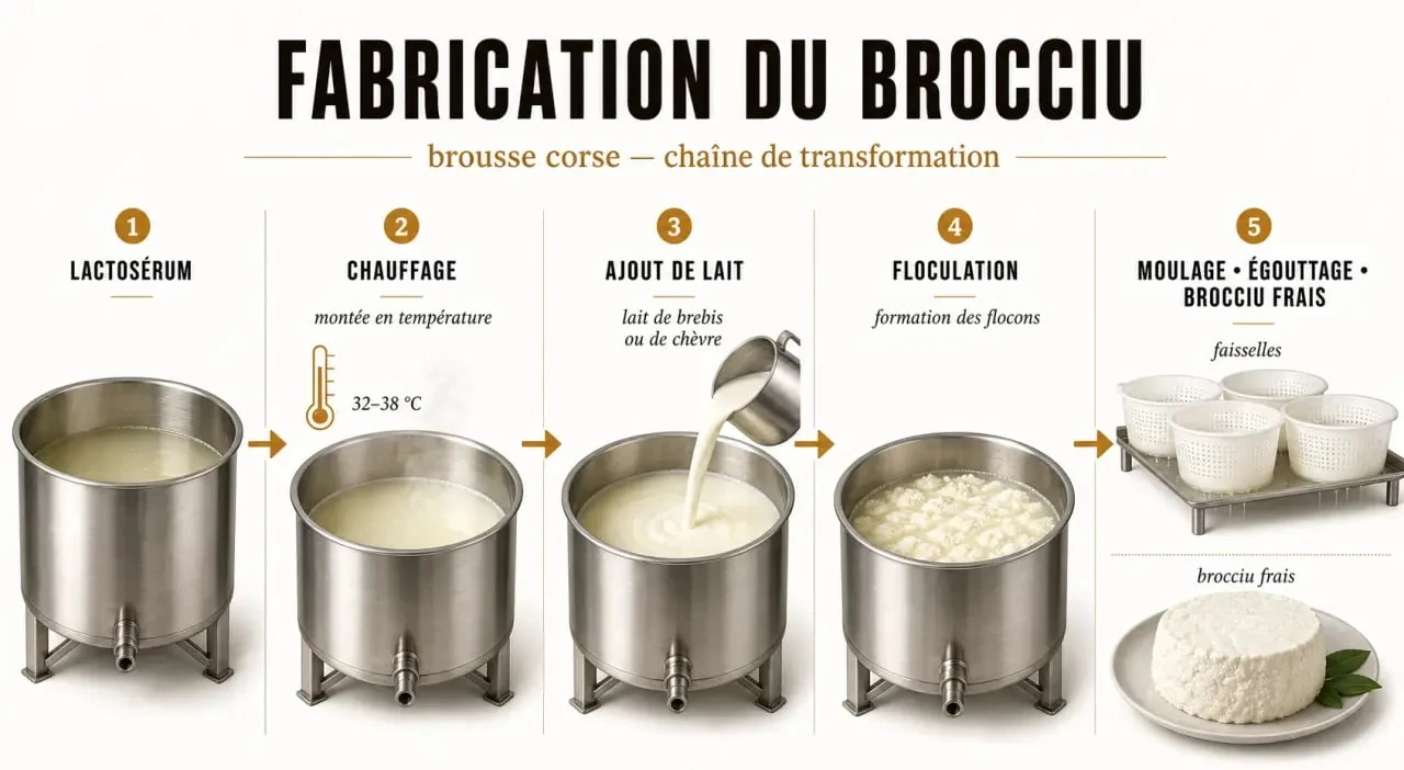 Schéma de fabrication de la brousse corse, du petit-lait au brocciu frais