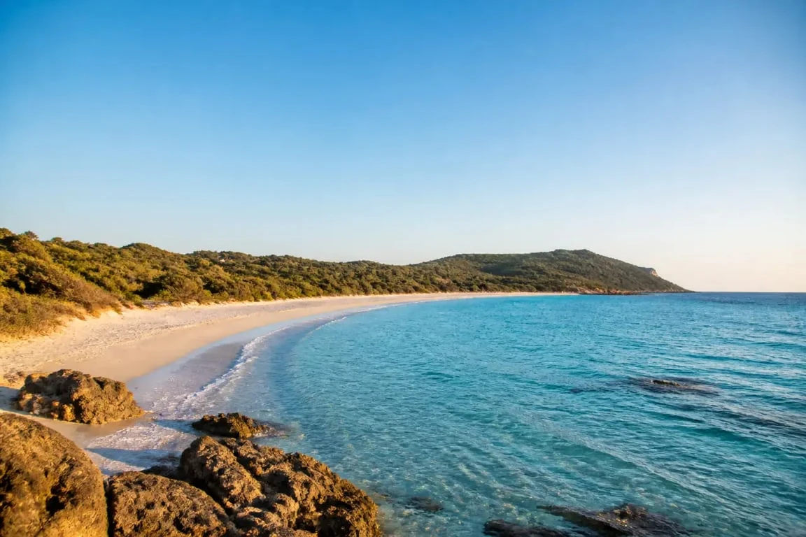 Plage de Chiuni en Corse-du-Sud, vue large de la plage de Chiuni avec sable clair et eau turquoise