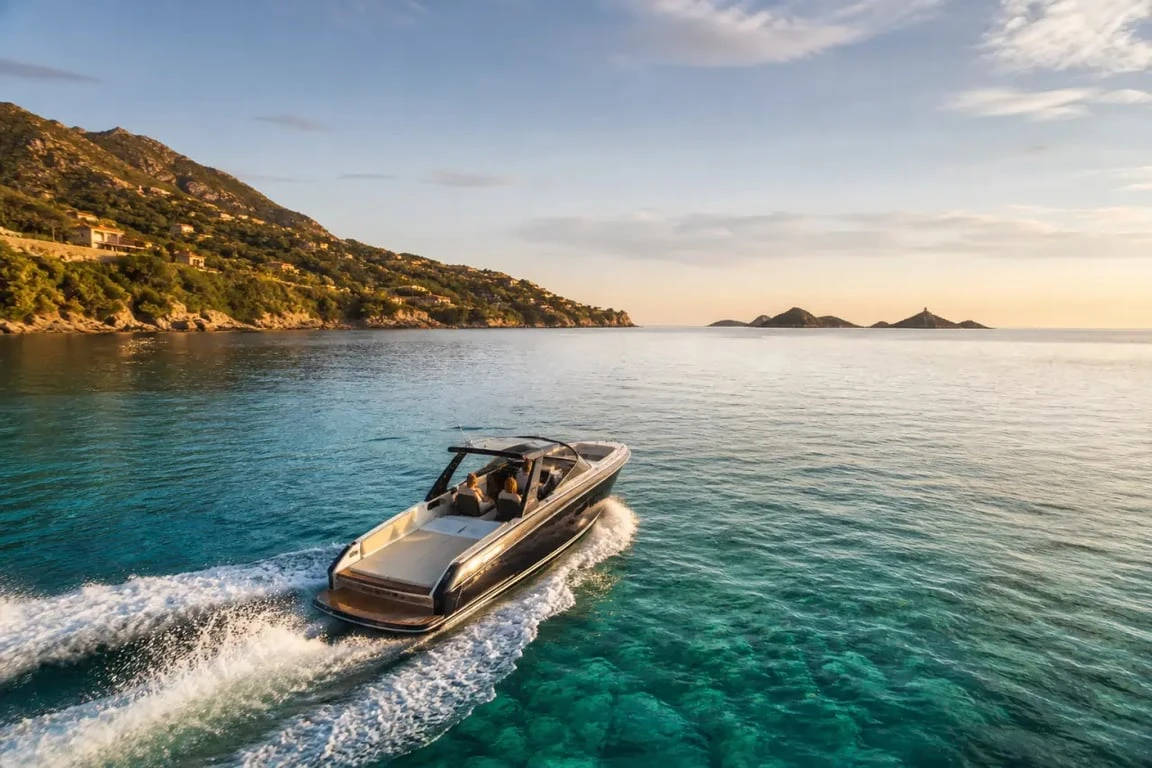 Activités nautiques ajaccio : bateau de sortie en mer dans le golfe d’Ajaccio au coucher du soleil