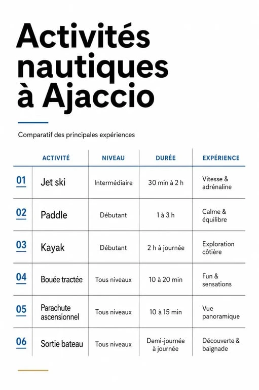 Activités nautiques ajaccio : visuel comparatif des activités à Ajaccio selon le niveau, la durée et le budget