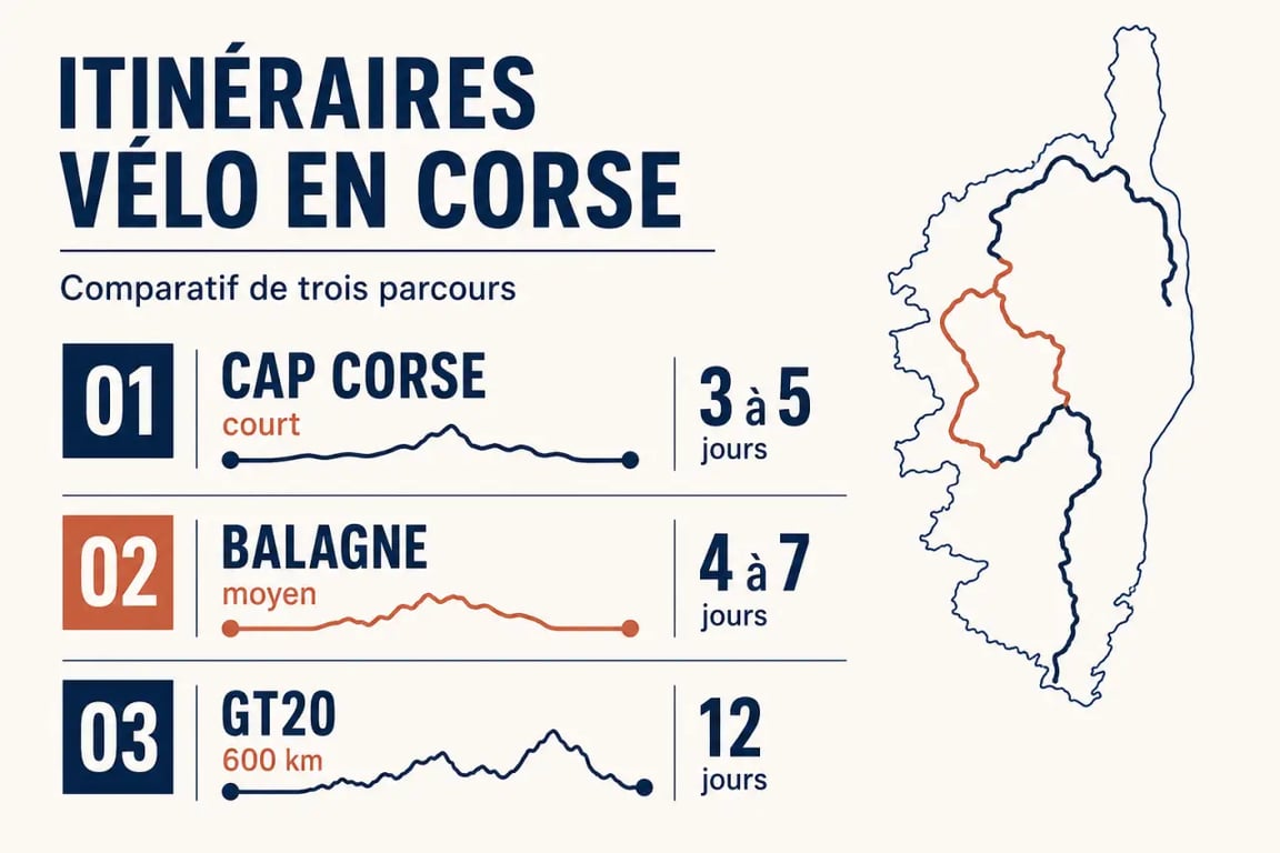Infographie comparative des itinéraires de randonnée à vélo le long du littoral corse