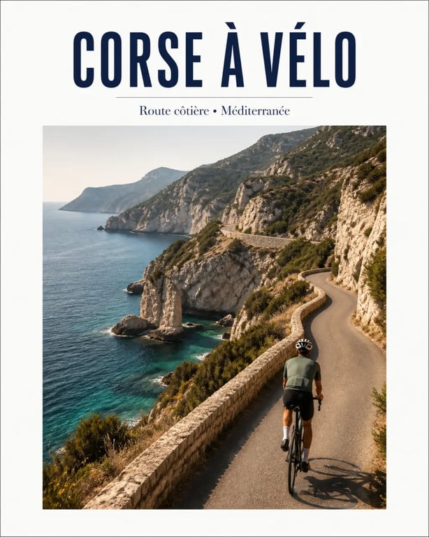 Cycliste sur une route côtière lors d'une randonnée à vélo le long du littoral corse