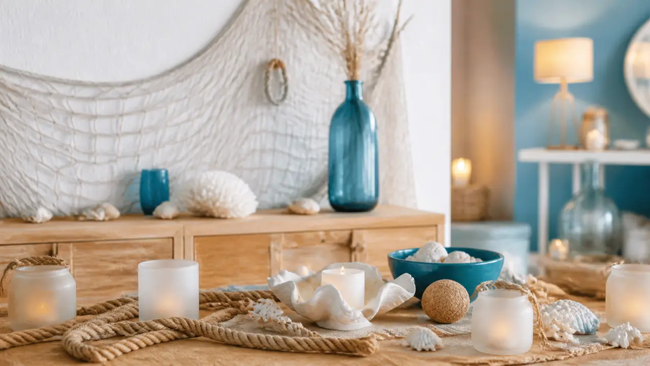 Filet peche deco en coton ecru sur mur blanc, style décor nautique