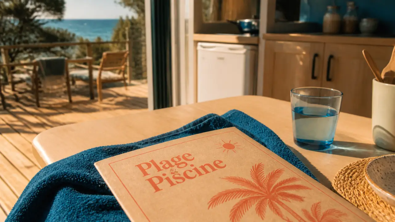 Location corse du sud mobil home : terrasse plage & piscine, mer au loin