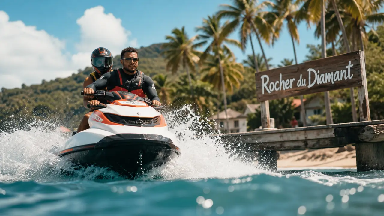 Randonnée jet ski Martinique près du Rocher du Diamant, côte et vagues