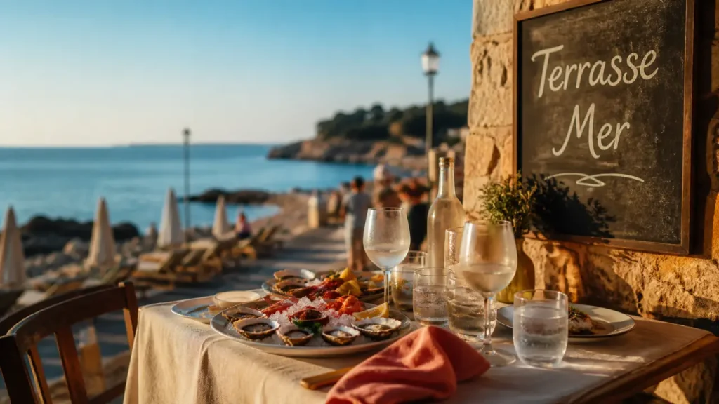 Restaurants Juan-les-Pins bord de mer : vue mer, terrasse ombragée et poissons grillés