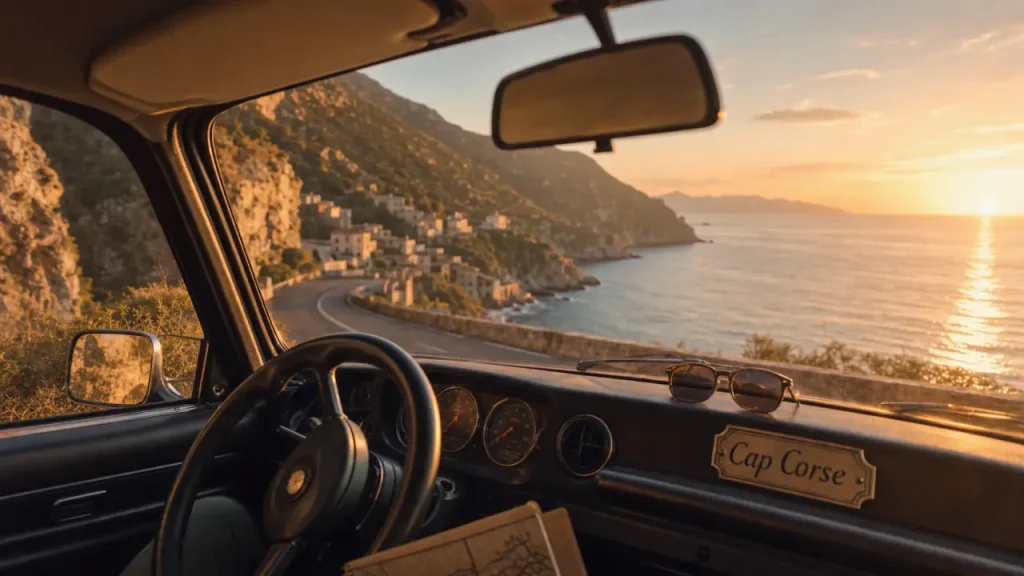 Visiter le cap corse : route au bord de mer depuis une voiture près d’Erbalunga