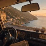 Visiter le cap corse : route au bord de mer depuis une voiture près d’Erbalunga