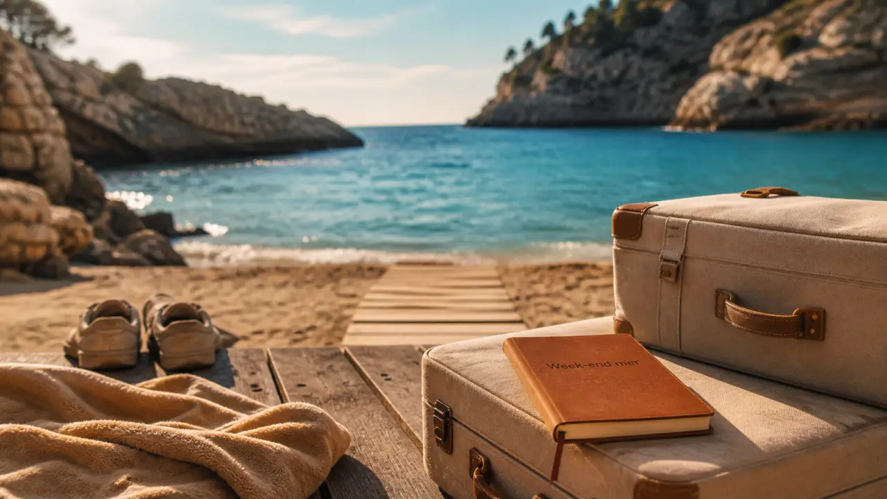 Week end au bord de mer : valises sur terrasse face à la mer