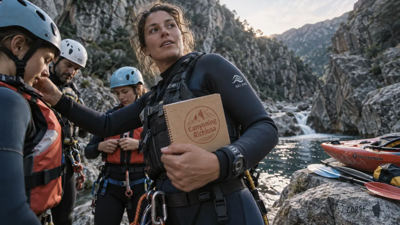cors'aventure canyoning en Corse : guide équipe le groupe (casques et gilets)