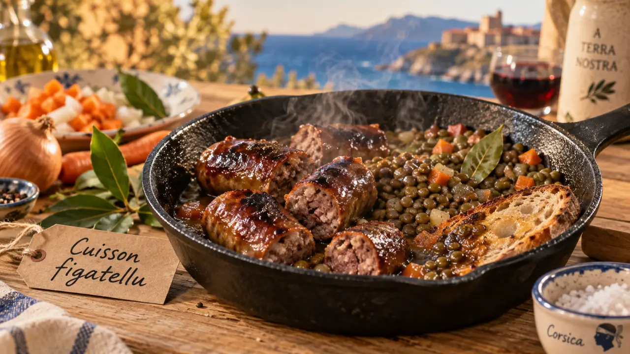 Cuisson figatelli au four 180 °C, figatellu doré en poêle fonte