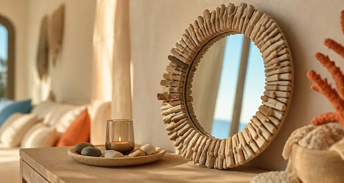 Décoration en bois flotté : miroir rond avec cadre en bois flotté